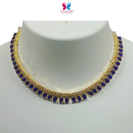 VELVET Handcrafted Gold Plated Necklace Set, White AD, Blue Stone - Image 2