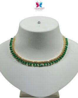 VELVET Handcrafted Gold Plated Necklace Set, White AD, Green Stone