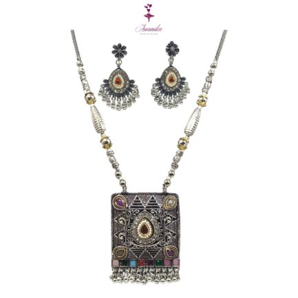 ANAMIKA Handcrafted Necklace Jewellery Set with Ear Rings, Ozidized, Square Pendant - Image 6