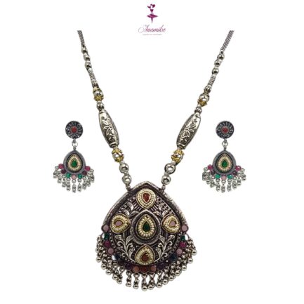 ANAMIKA Handcrafted Necklace Jewellery Set with Ear Rings, Ozidized, Oval Pendant,  4 Small Pearls - Image 7