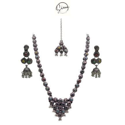 SIERRA Necklace Jewellery Set with Ear Rings, MaangTika, Oxidized, V Shaped Pendant, AD - Image 7