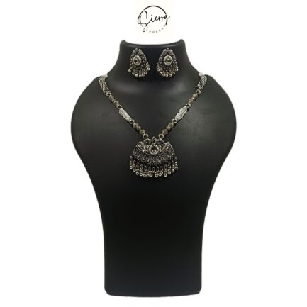 SIERRA Handcrafted Necklace Jewellery with Ear Rings, Oxidized, Bust Pendant, White AD and Pearls - Image 6